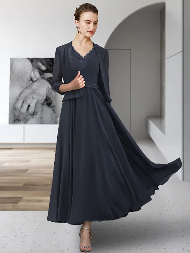Wholesale Two Piece A-Line Mother of the Bride Dress Elegant V Neck Ankle Length Chiffon Lace Sleeveless with Sash Ribbon Pleats